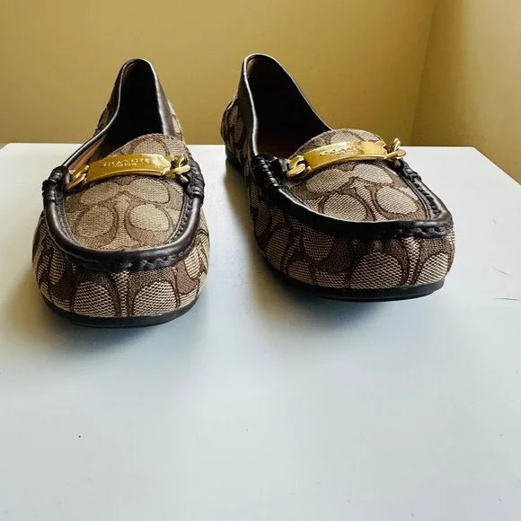 COACH Signature Jacquard Driving Loafers Brown Monogram Gold Hardware Size 8 - Picture 3 of 9